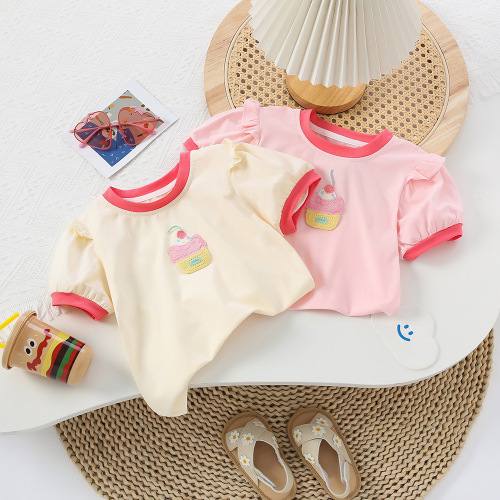 Korean-style children's clothing for girls, pink T-shirt summer wear, stylish cartoon crew neck top, children's versatile pure cotton short-sleeved top