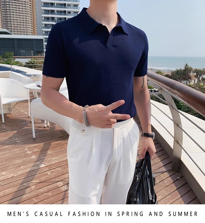 Men's Slim Fit Polo Shirt Silky Cotton Ice Silk Knitted Seagull Collar Short Sleeve Casual Workwear Trendy Sweatshirt_viptrois.com