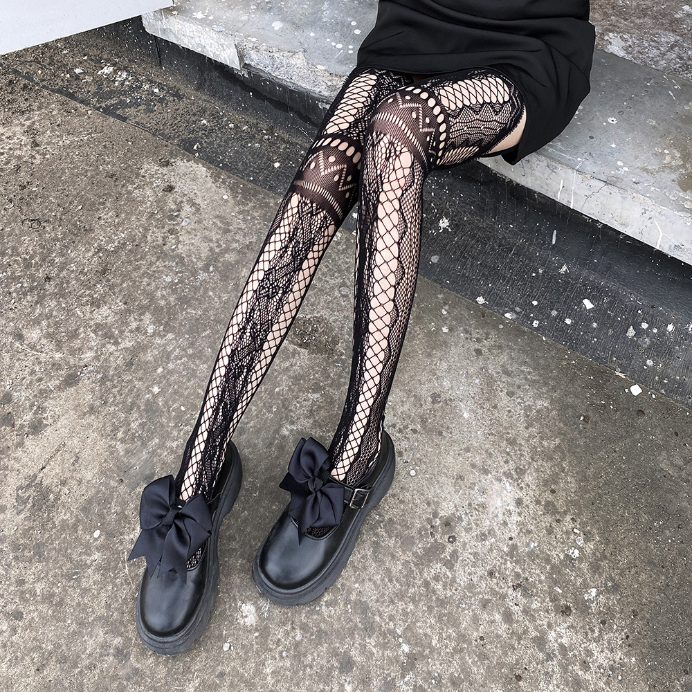 Strumpfhalterstrümpfe mit Netzloch, Internet-Promi, schwarze Seide, Sommer, dünn, japanisches Retro-Muster, lange Röhre, Overknee-Strümpfe für Damen_voghion.com