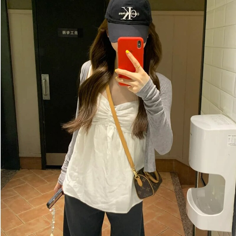 Gray Thin Cardigan with Suspenders Two-Piece Set for Women, Summer Outerwear, Blouse, Short Jacket, Beautiful Outfit for Early Spring Gray Thin Cardigan with Suspenders Two-Piece Set for Women, Summer Outerwear, Blouse, Short Jacket, Beautiful Outfit for Early Spring