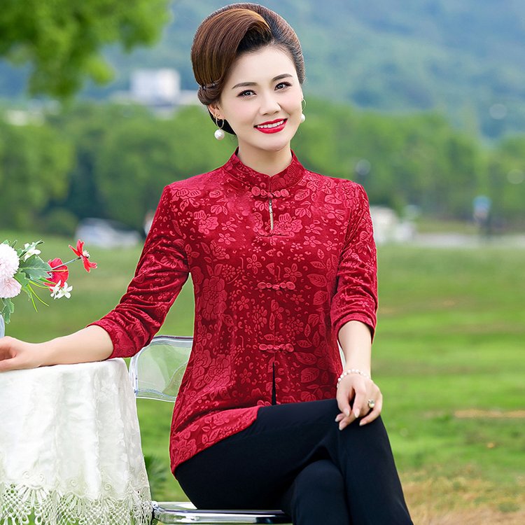 Mom Autumn Golden Velvet Tang Coat Cheongsam Top Middle-aged Women's Western-style Base Shirt Jacquard All-match Spring and Autumn T-shirt