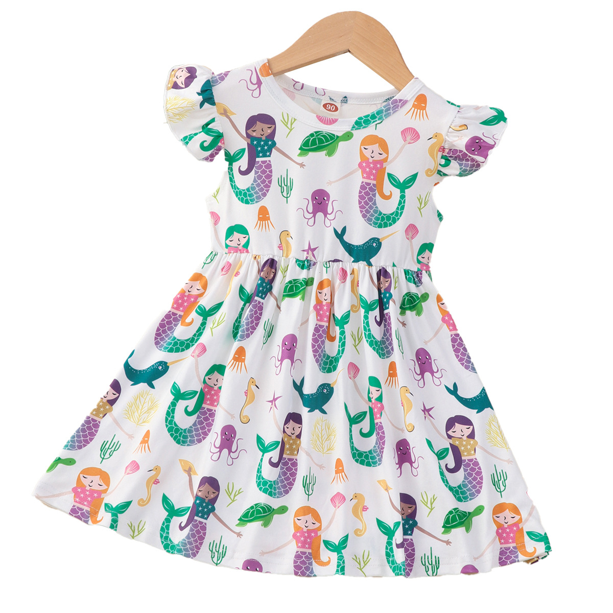 Patrón de la sirena los niños volando mangas transpirable fresco vestido cintura