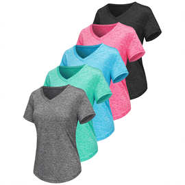 亚马逊跨境3-5件装女士短袖衬衫健身V领轻便快干宽松T恤运动上衣