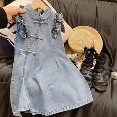 Girls' Cowboy Skirt 2024 Summer New Chinese Style Button Fly Sleeve Lightweight Soft Denim Dress L55180