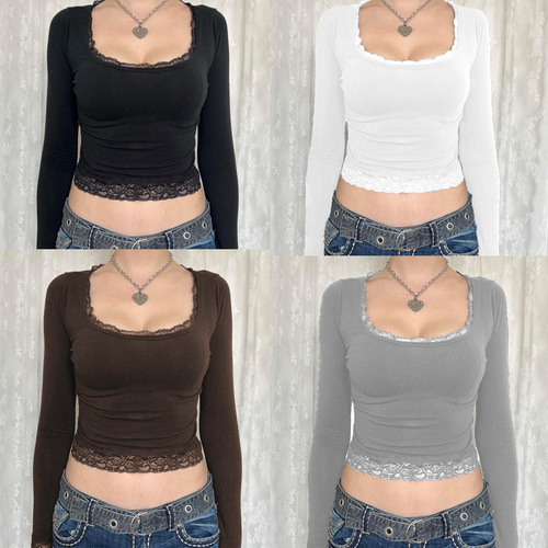 Women's Bestselling Pure Cotton Long-Sleeve T-Shirt with Lace Splicing, Crop-Top Square Collar T-Shirt for Women