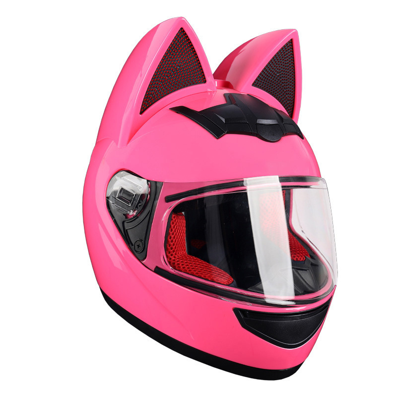 Casco de motocicleta eléctrica HNJ, casco integral con oreja de gato certificado 3C para mujer, verano, se puede equipar con auriculares Bluetooth, casco integral para motocicleta