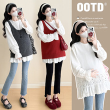 2025秋冬新款孕妇装韩版时尚宽松绣花中长款上衣+孕妇毛衣背心两