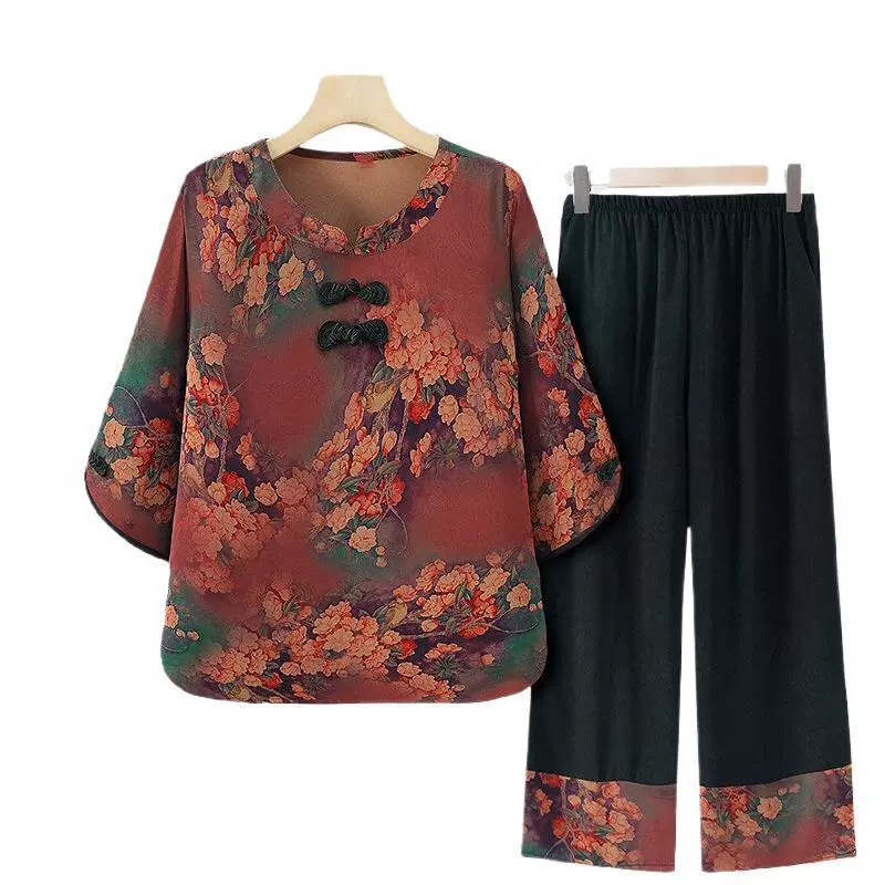 Летний костюм бабушки, женский костюм для мамы среднего и пожилого возраста с рукавом три четверти, футболка со средним рукавом, повседневная одежда с цветочным принтом для старухи.