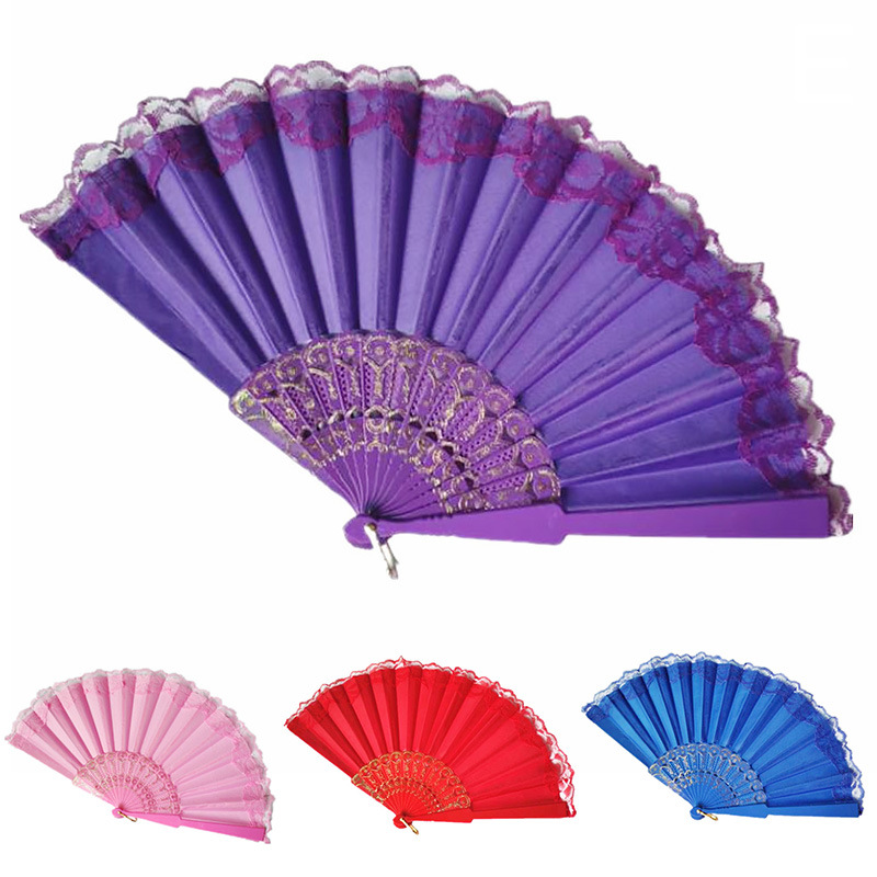En stock gran borde de encaje de plástico ventilador de fractura elegante luz ventilador de tela de lujo ventilador de encaje de satén de plástico 10 colores