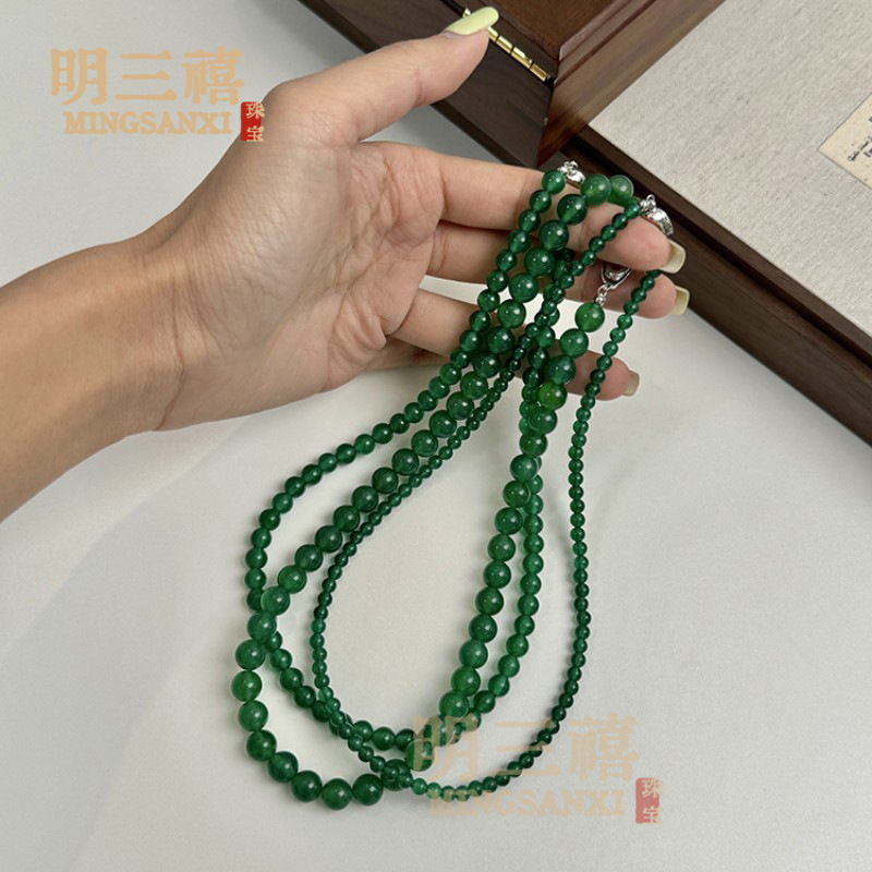 绿色玉髓串珠碧玉天然玛瑙S925银项链复古国风元宝扣锁吊坠骨链