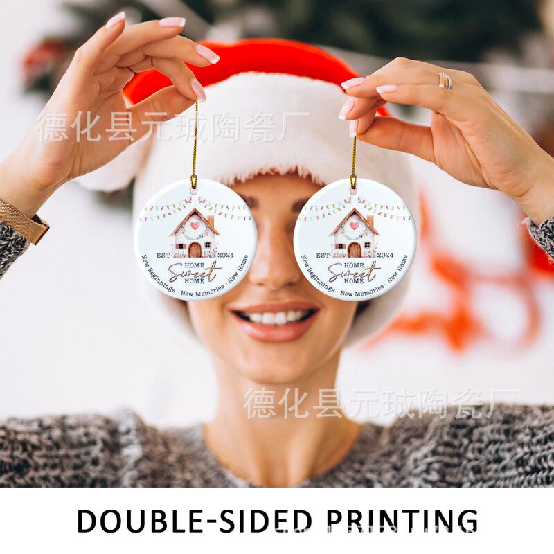 Christmas Ceramic Hanging Ornaments Pattern Custom Logo Round Single and Double-Sided Printing New Home Decoration Housewarming Gift