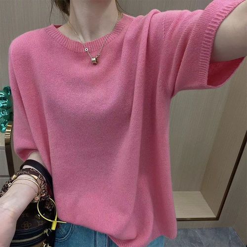 High-end Round Neck Thin Knit Basic Top Summer New Arrival Trendy Hot Selling European Style Pink Short Sleeve T-shirt for Women