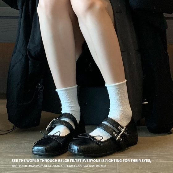 Cowhide Spring and Autumn Bow Square Head Buckle Mary Jane Shoes Women's Small Leather Shoes Flat Shoes Shoe Jk Shoes