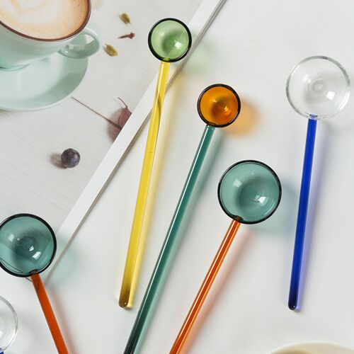 Creative milk dessert spoon colorful transparent high temperature resistant glass spoon cute long handle coffee stirring spoon spoon