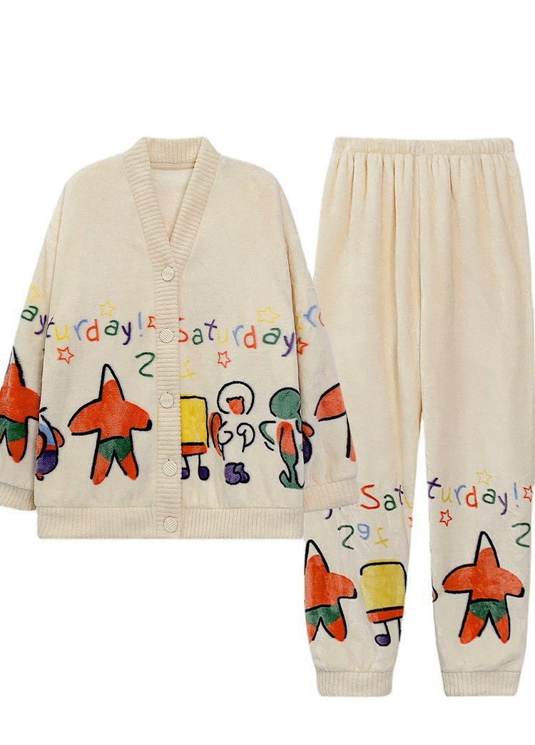 睡衣女冬季韩版开衫加绒加厚可爱卡通珊瑚绒法兰绒ins女士家居服