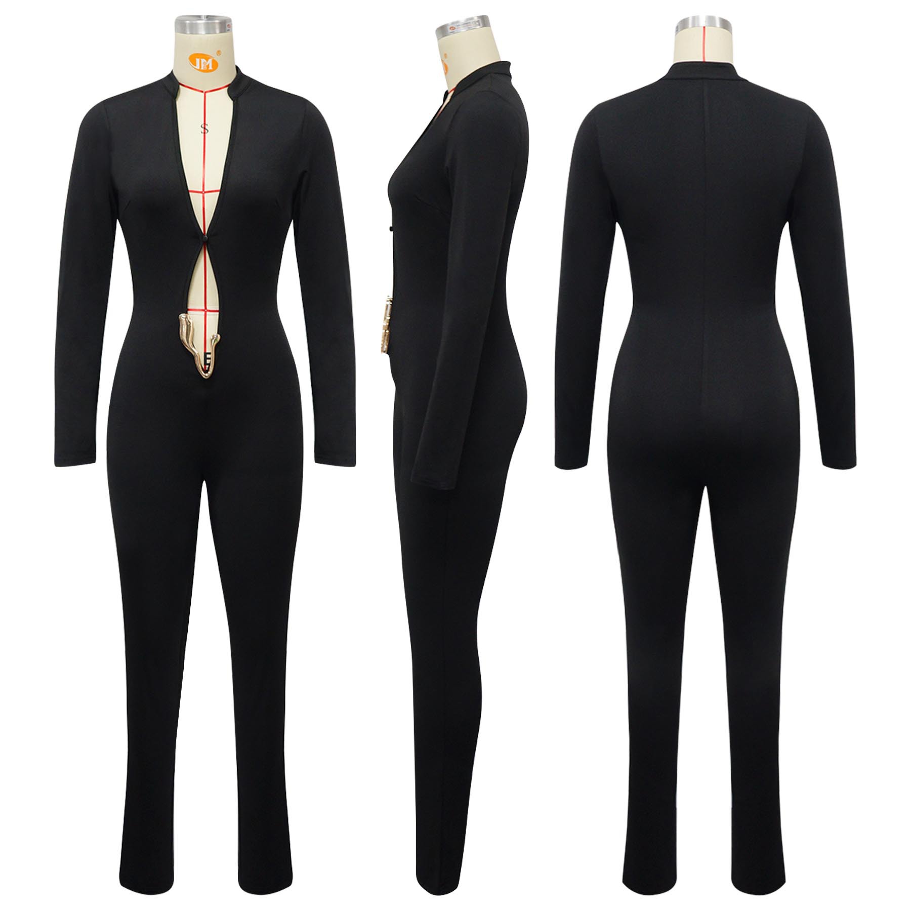 Sexy Deep V Long Sleeve Jumpsuit Solid Color Tight Fit_voghion.com