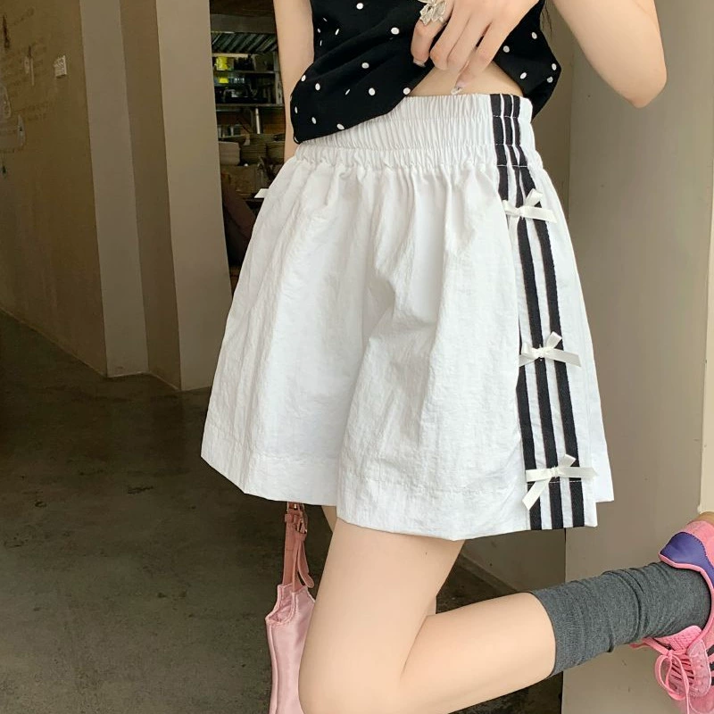 Новые летние свободные утягивающие шорты со стильными повседневными брюками в полоску с бантом для женщин и спортивные брюки с эластичной резинкой на талии