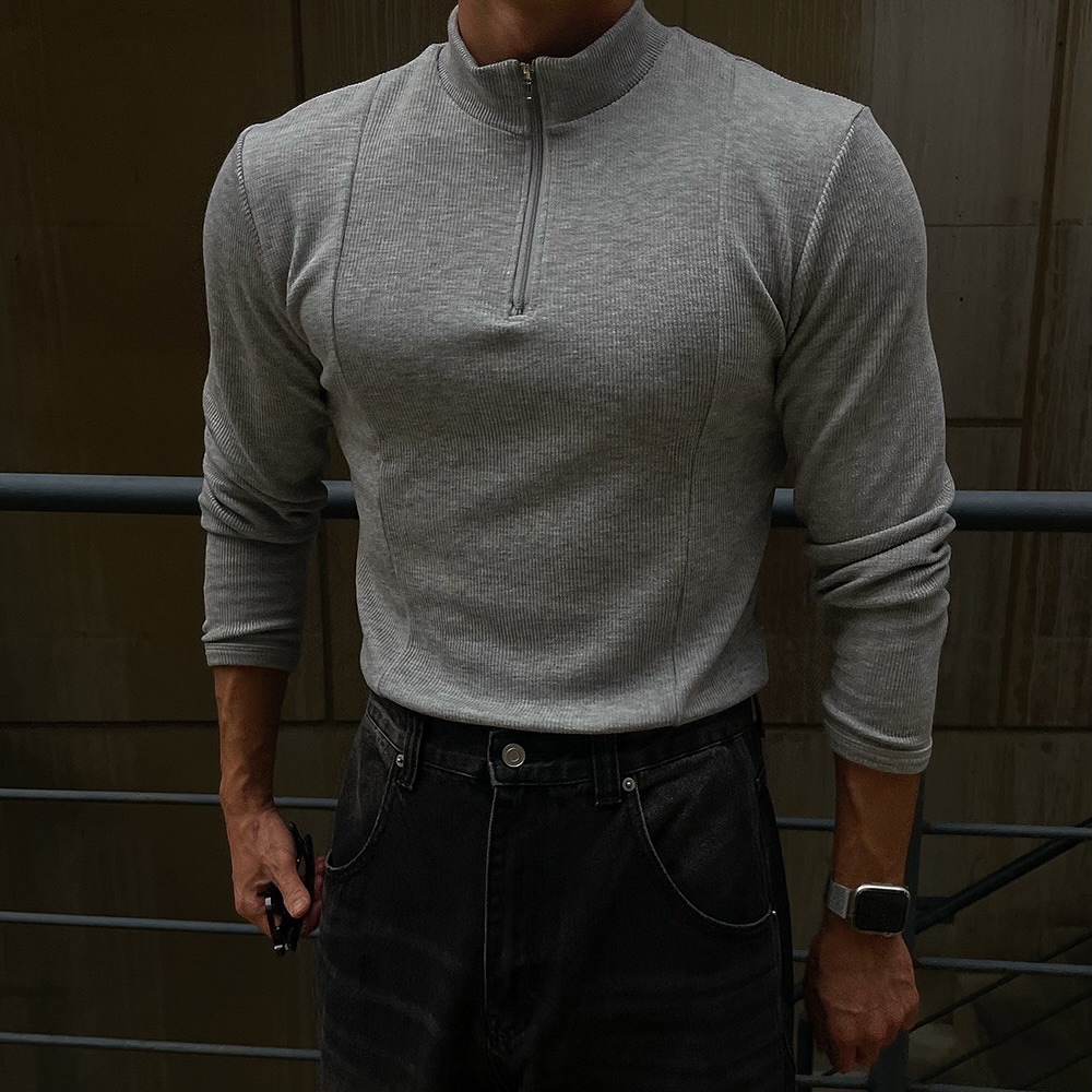 Autumn and winter Korean style casual men's top with nano-strip shoulder pads, knitted half-zip sports pullover long-sleeve base shirt