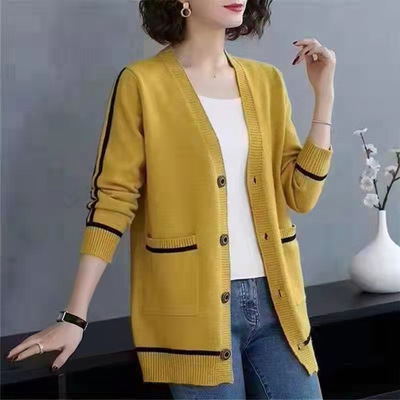 秋冬季外搭V領針織開衫女長袖 2021新款寬松中長款條紋毛衣女外套