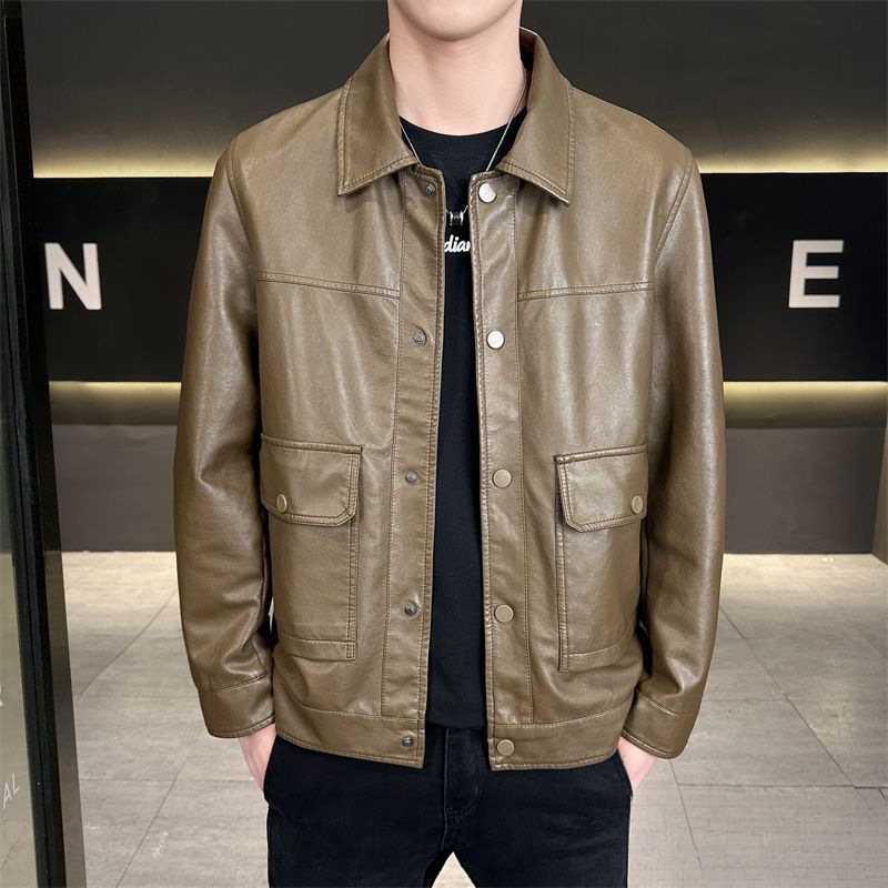 Trendige Herren-Lederjacke mit Reverskragen, günstige Kleidung, Frühlings- und Herbstmodelle, Motorradjacke auf Lager_voghion.com