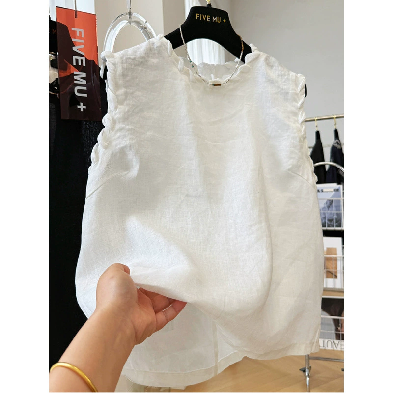 Дизайнерская тканая безрукавка с круглым вырезом для женщин, летняя льняная верхняя одежда, тонкий топ-жилет