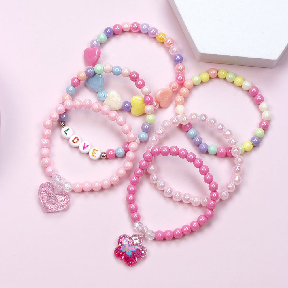 Cute Heart Shape Flower Butterfly Plastic Beaded Girlu0027S Bracelets 6 Pieces