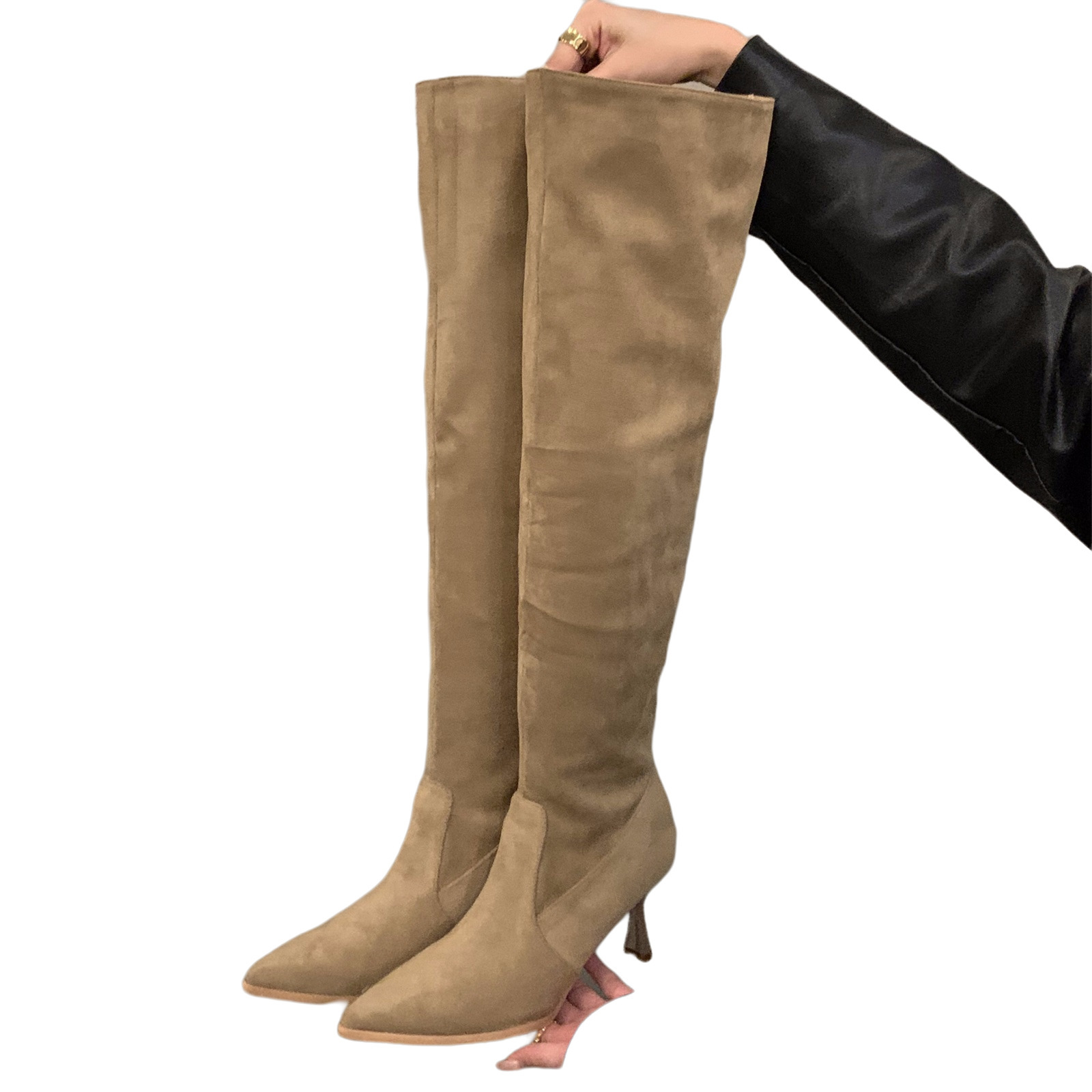 High heel Khaki over the knee pile boots women's new fall/winter pointy skinny knight boots_voghion.com