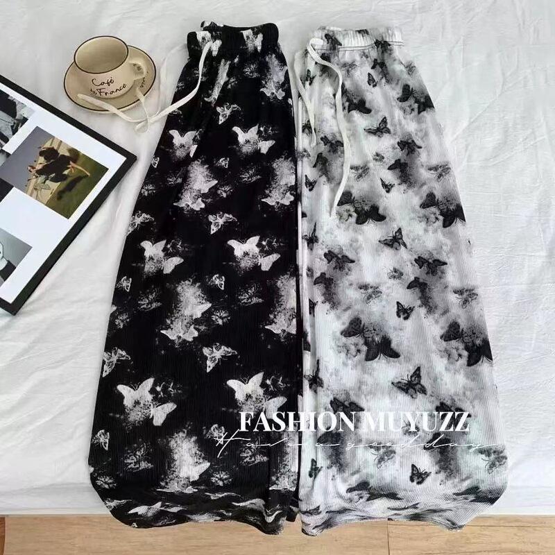 Ice Silk Threaded High-Waisted Wide-Leg Pants for Women in Summer New Chinese Style Ink Lazy Casual Butterfly Print Draped Straight Pants Ice Silk Threaded High-Waisted Wide-Leg Pants for Women in Summer New Chinese Style Ink Lazy Casual Butterfly Print Draped Straight Pants