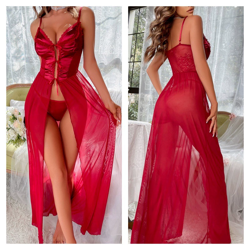 Длинное нижнее белье, платье, пояс с бантом, sexy пижама
