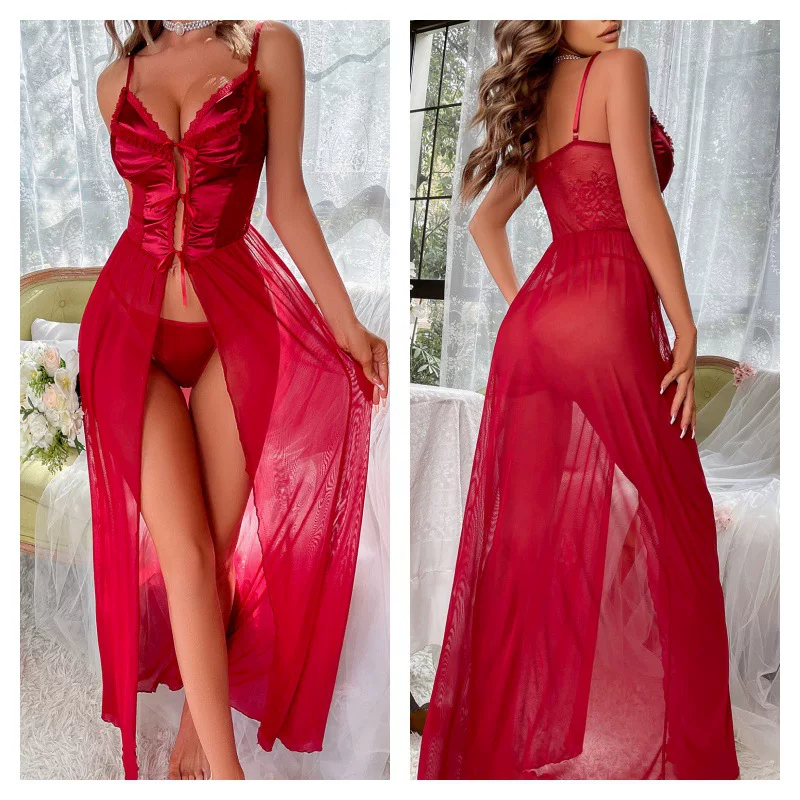Длинное нижнее белье, платье, пояс с бантом, sexy пижама