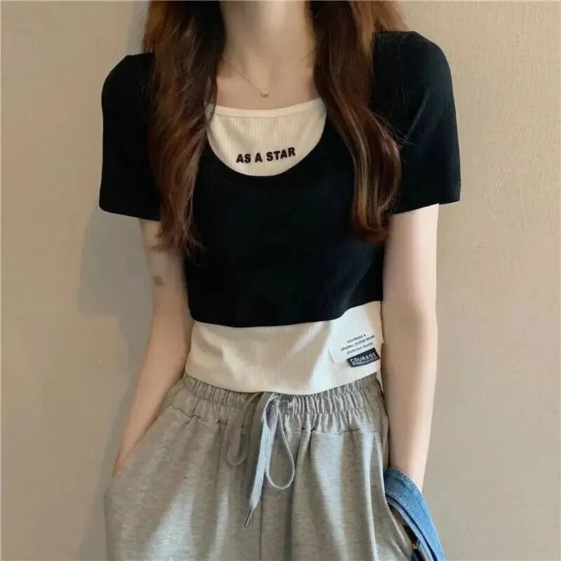 Trendy Niche Fake Two-Piece Short-Sleeve T-Shirt for Women Summer 2025 High-Waisted Cropped Slim-Fit Top