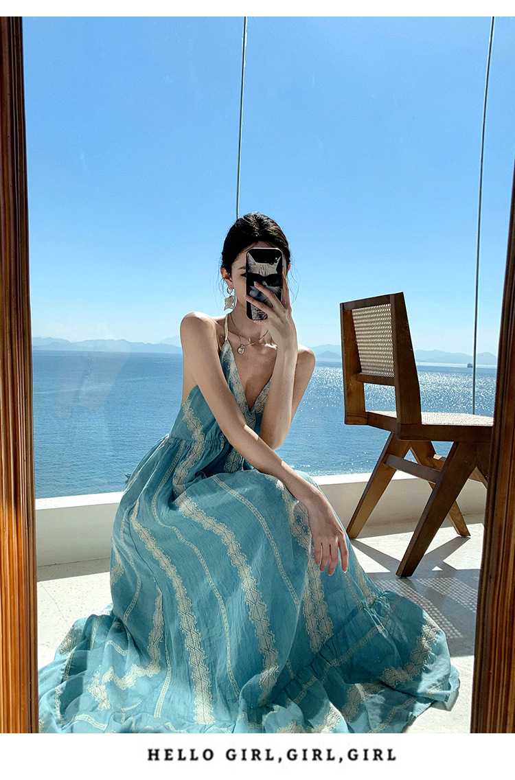 Light Blue Resort-style Backless Halter Neck Dress, Bohemian Heavy Embroidery Long Dress For Women_ecoleips.com