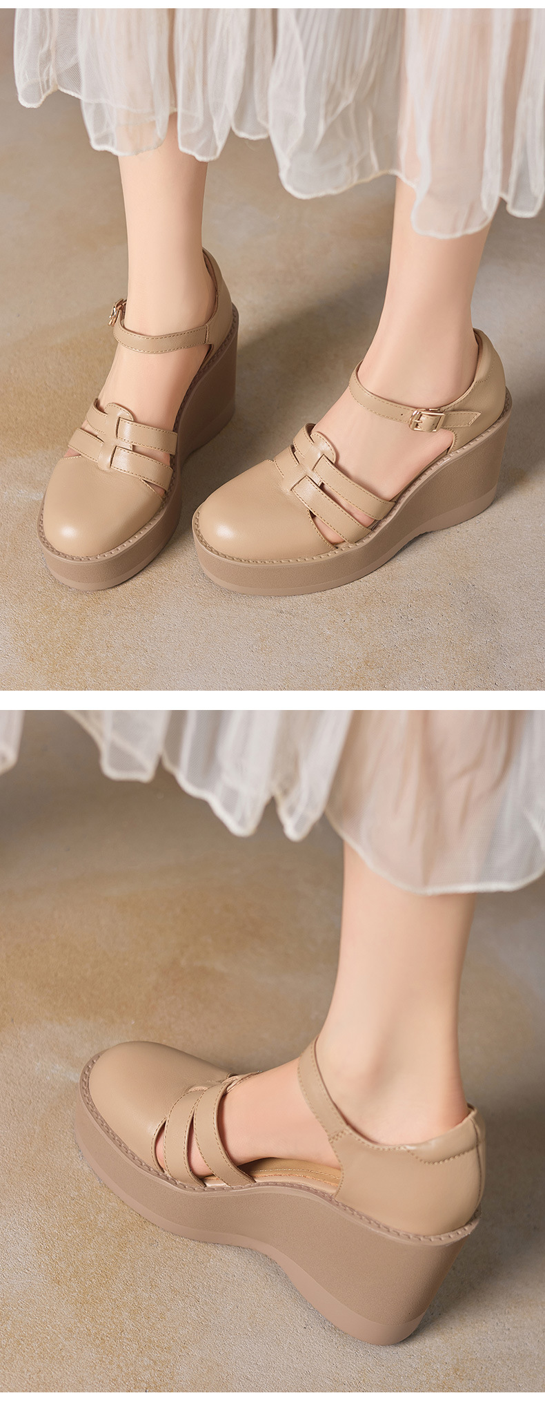 Sandal cao gót nữ đế dày 9,5 cm, mũi bít, dệt chéo, phong cách tổ chim — màu trắng ngà chi tiết 8