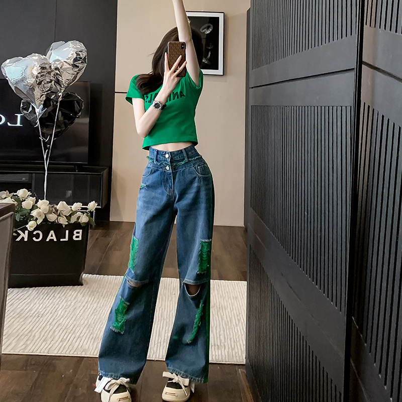 2025 Trendy Personalized Ripped Jeans Women's Green Top Lc1030