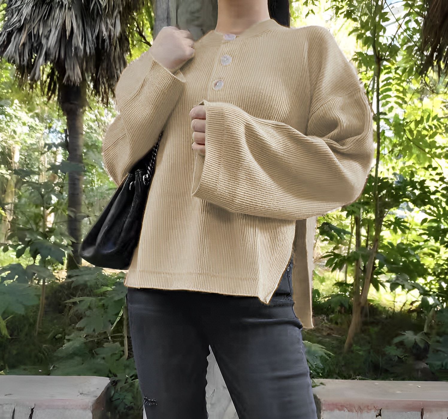 Women's all-in-one solid color three-button long sleeve loose side slit knit sweater_voghion.com