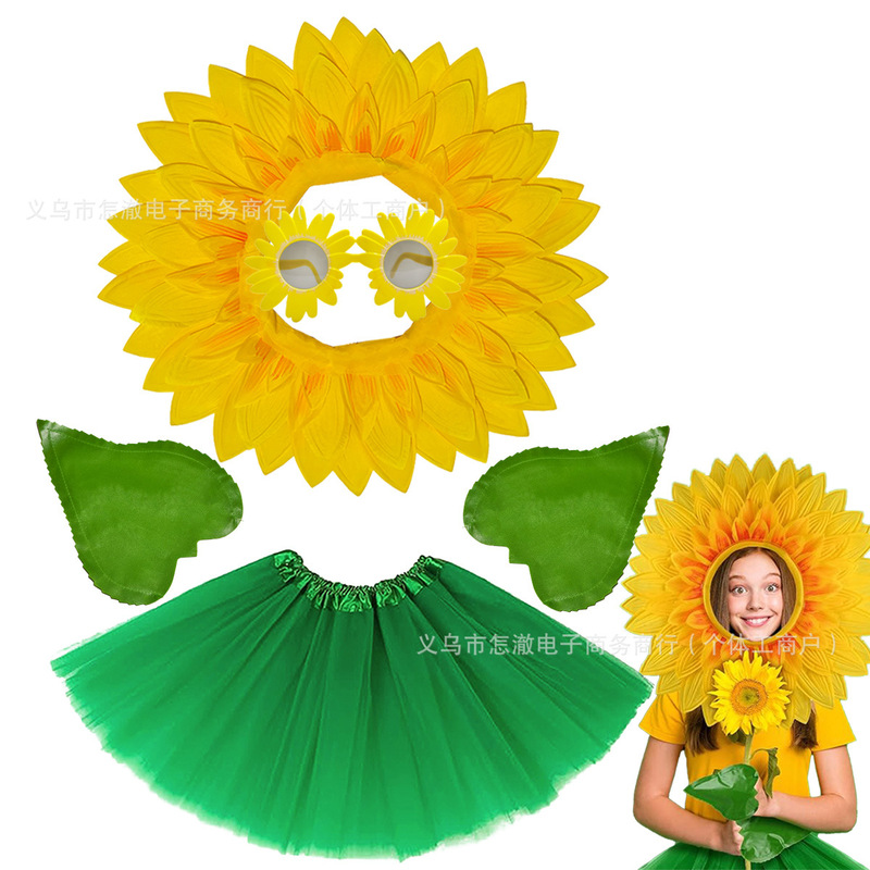 Sunflower Cosplay Headgear for Adults, Performance Dance Sunflower Glasses, Green Leaf Gloves, Tulle Skirt Set, Festival Party Props Sunflower Cosplay Headgear for Adults, Performance Dance Sunflower Glasses, Green Leaf Gloves, Tulle Skirt Set, Festival Party Props