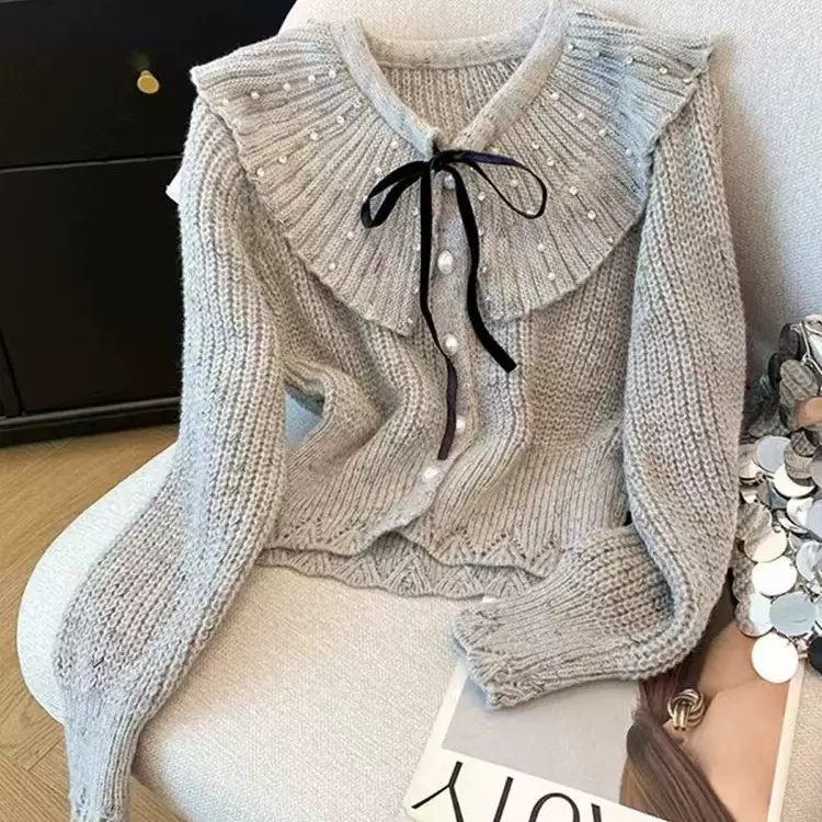 25年秋季新款娃娃脸蝴蝶结针织衫开衫女甜美风毛衣外套显瘦短上衣