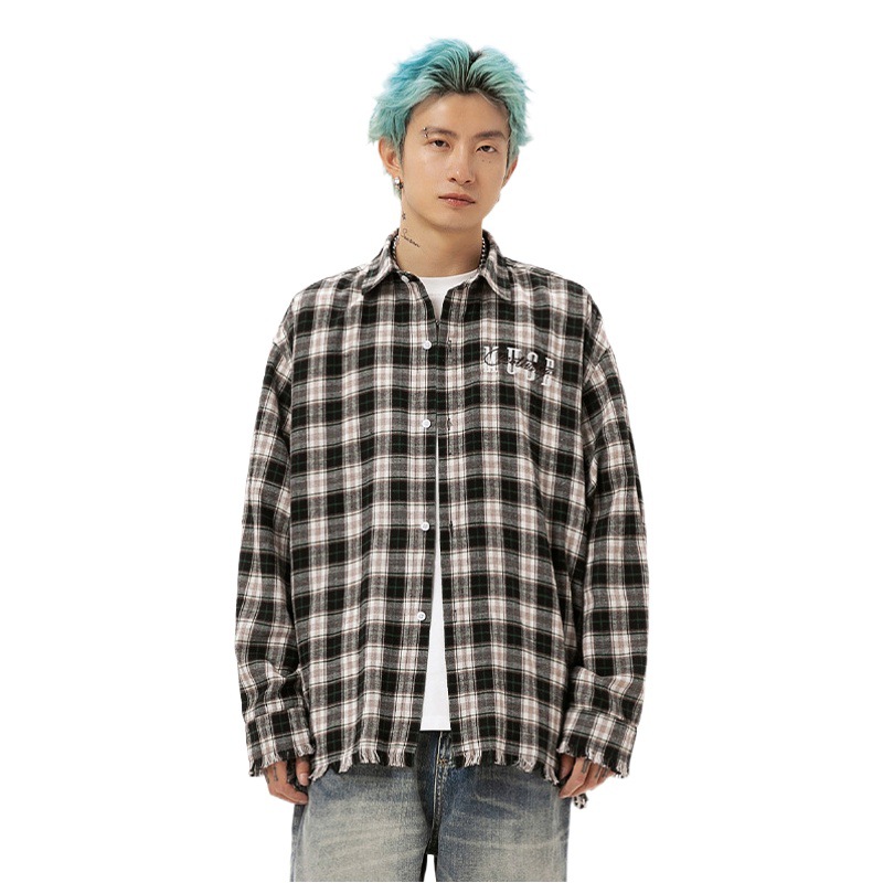 Camisa de manga larga con diseño de borla deshilchada para hombres y mujeres de la misma marca de moda High Street American letter bordada chaqueta de camisa de pareja