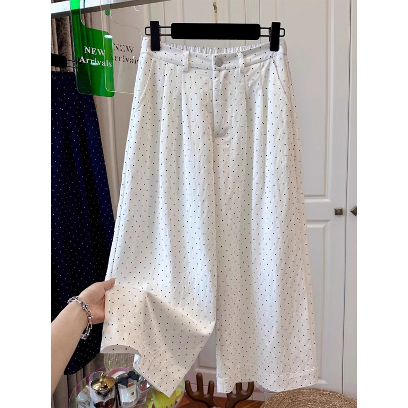 FYQ--ウォッシュドコットン水玉ワイドレッグパンツ女性の夏の新しいハイウエストドレープ9点カジュアルストレートパンツ|undefined