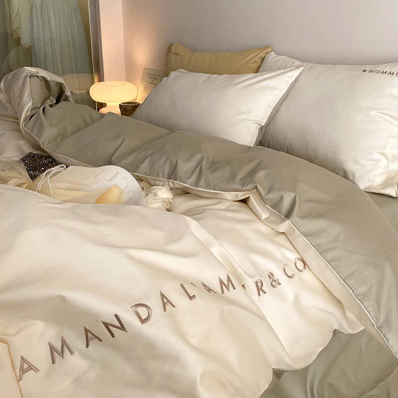 Category A Light Luxury 100 Long-staple Cotton Embroidered Four-piece Set Cotton Satin Bed Cover Simple Cotton Quilt Cover Bedding