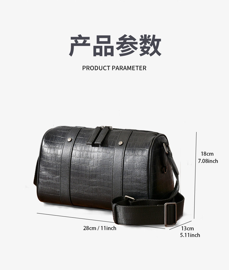 Túi đeo chéo nam da bò thật họa tiết cá sấu, túi đeo vai siêu nhẹ đựng vừa máy tính bảng 8 inch — Màu nâu, hoa văn cá sấu đen, màu đen chi tiết 9
