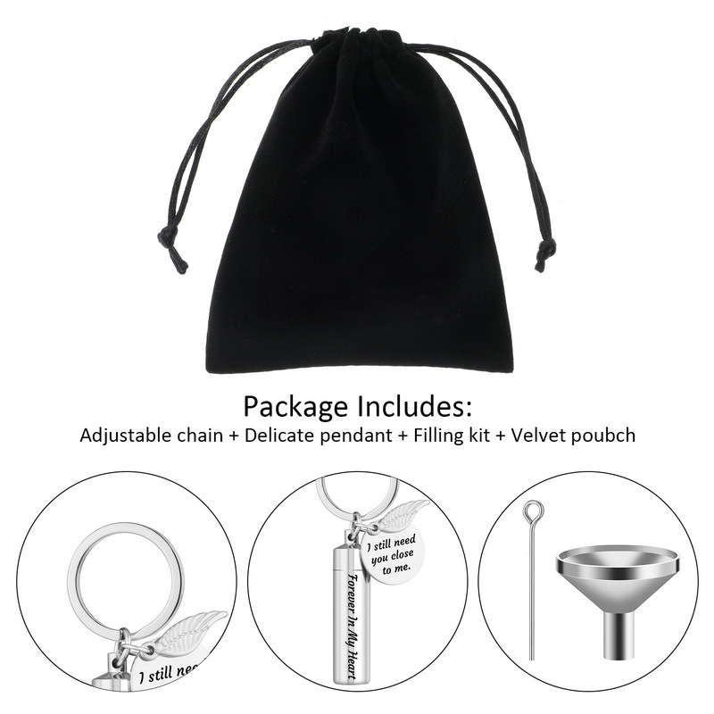 Venta caliente transfronteriza nombre de acero inoxidable grabado cenizas llavero titanio acero perfume esencial aceite botella cenizas caja llavero