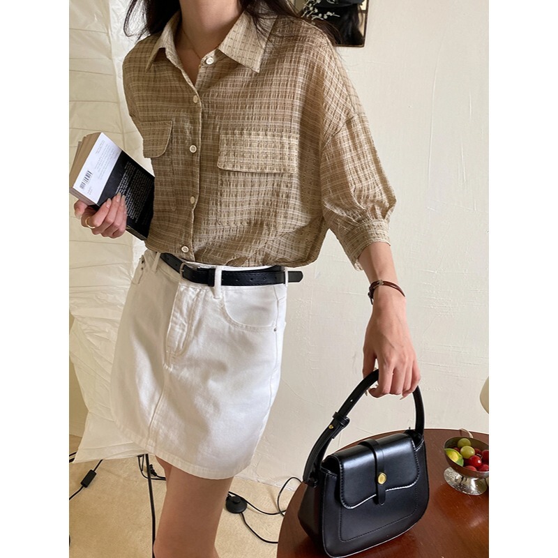 3Th Morning Second-Hand Flip Flap Pocket Pants Thin Tencel Textured Plaid Short-Sleeved Shirt Zy1837