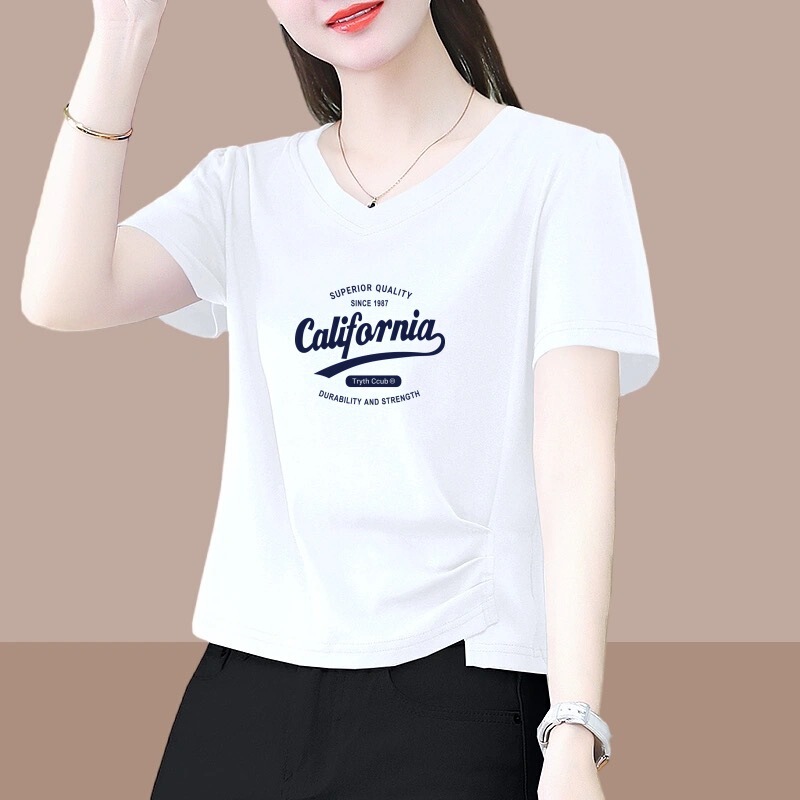2025 New Export Mother's Wear Short-Sleeved T-Shirt Women's Loose V-Neck Hem Slit Letter Print Top Ins Trend 2025 New Export Mother's Wear Short-Sleeved T-Shirt Women's Loose V-Neck Hem Slit Letter Print Top Ins Trend
