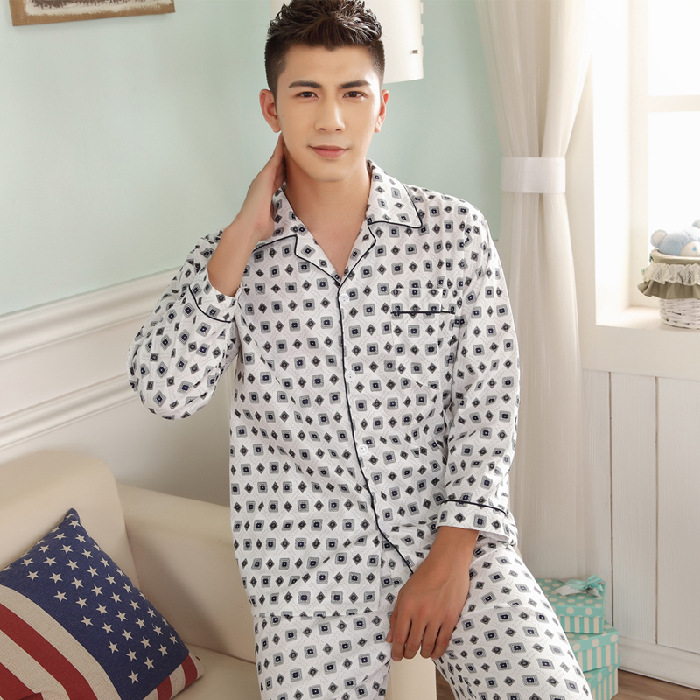 Cardigan Front Button Men's Pajamas Autumn Cotton Long-Sleeved Korean Style Plaid Youth Home Clothes Spring and Autumn Simple Home Clothes