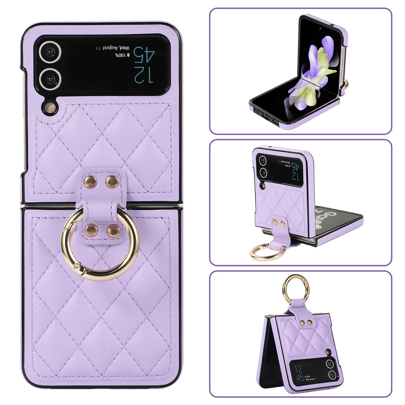 Suitable for Samsung Z Flip6/5/4/3 Mobile Phone Case Ring Quilted Small Fragrant Leather Pattern Fashion Anti-Fall Protective Cover