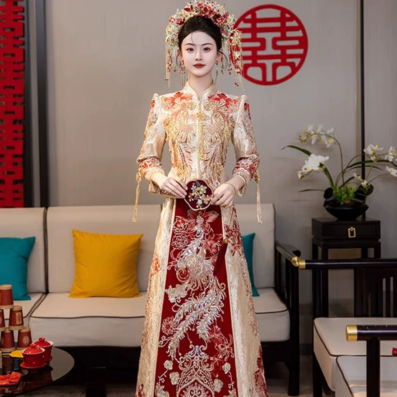 Свадебное платье цвета шампань в стиле Сюхэ, новинка 2026 года, китайский стиль, для невесты, визуально стройнящее, с узором дракона и феникса.