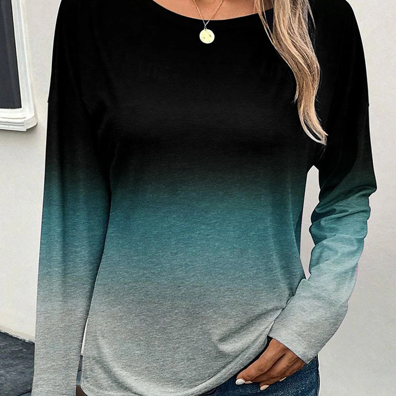 Cross-Border Splicing European and American 2025 New Casual Geometric Color Gradient Women's Long-Sleeved Round Neck T-Shirt Cross-Border Splicing European and American 2025 New Casual Geometric Color Gradient Women's Long-Sleeved Round Neck T-Shirt