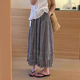 高腰格子阔腿裤女夏季新款宽松显瘦九分裤休闲裤垂感百搭日系风