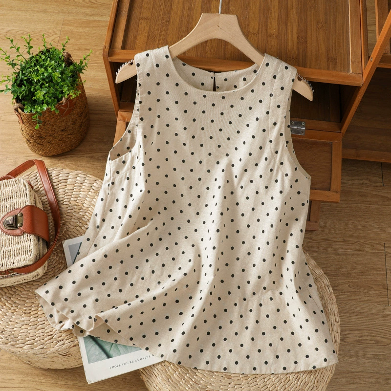 Французский ретро топ в горошек 2025 лето хлопок и лен безрукавка женский пуловер А-силуэт облегающая рубашка